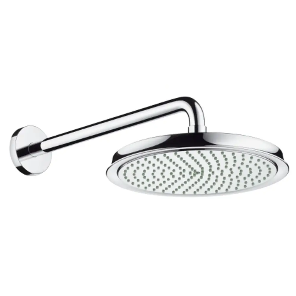 Hansgrohe Kopfbrause mit runder, flacher Duschfläche und seitlichem Brausearm in Chrom. Die Duschoberfläche ist mit mehreren Wasseröffnungen ausgestattet.